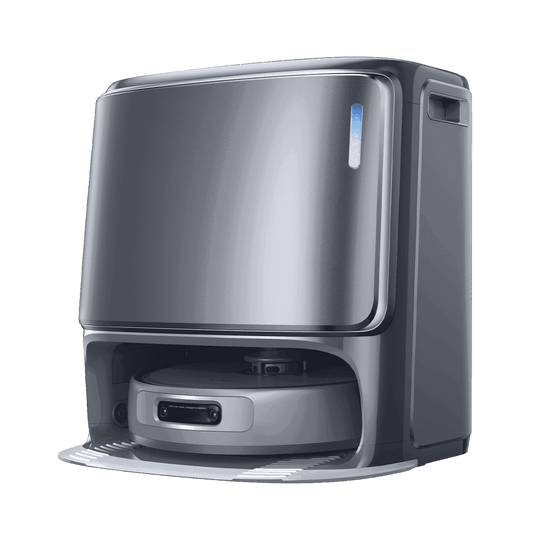 Gray Narwal Freo Z 10 Ultra robot vacuum cleaner in an angle view, showing the self-cleaning docking station and modern household technology.