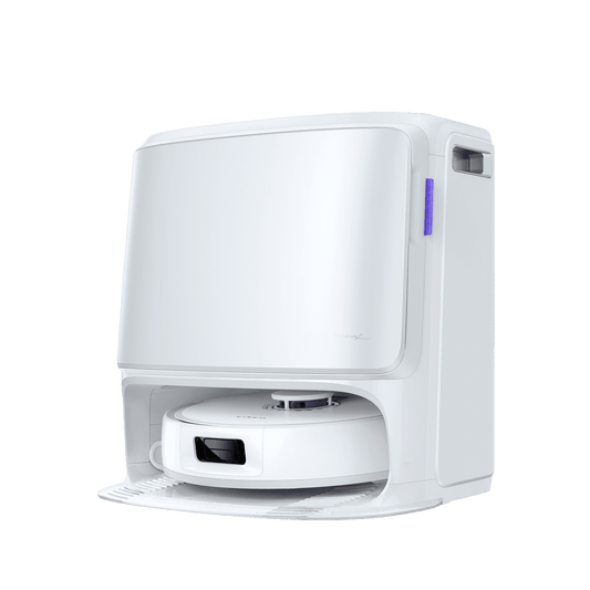 Narwal Freo Z10 robotdammsugare i elegant vit design, visad från sned vinkel i sin självrengörande station.