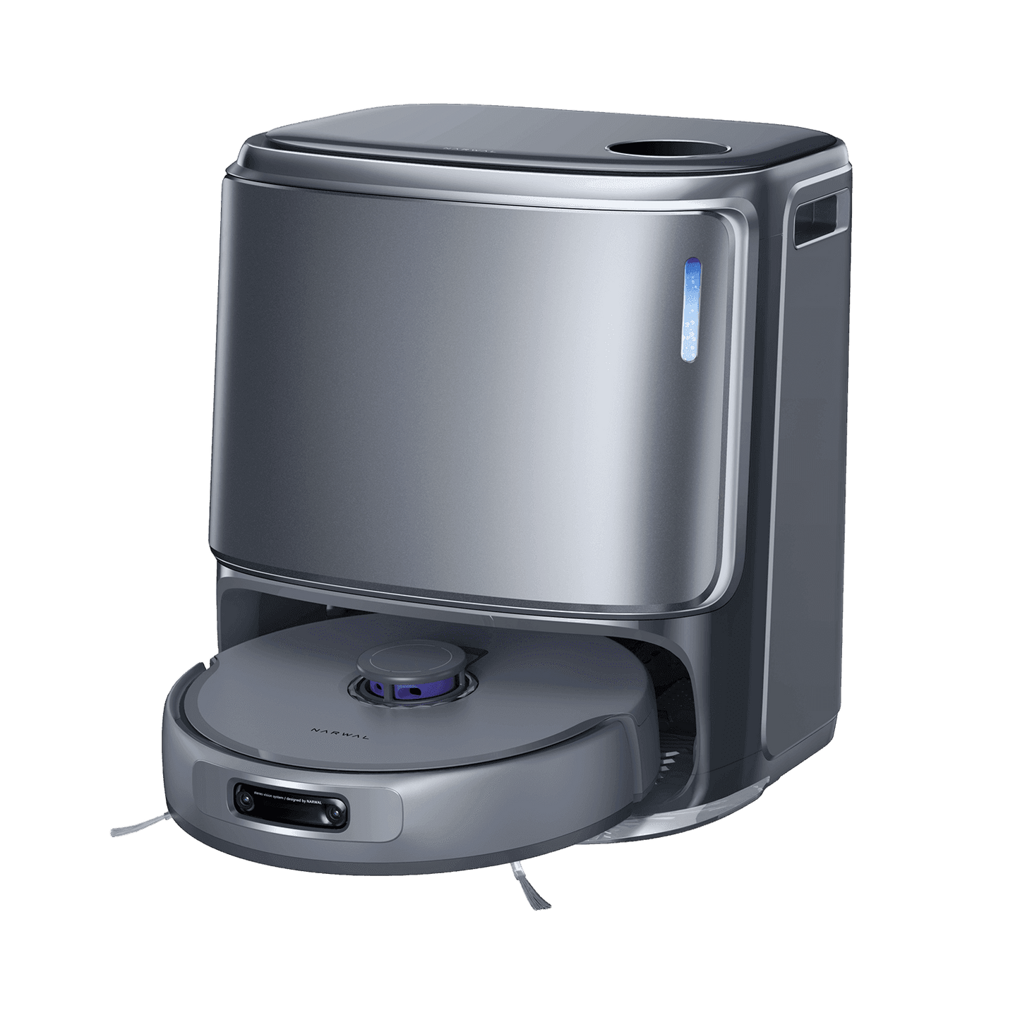 Narwal Freo Z 10 Ultra (grey) robotdammsugare delvis utdragen från station, visar avancerad design och moppfunktion.