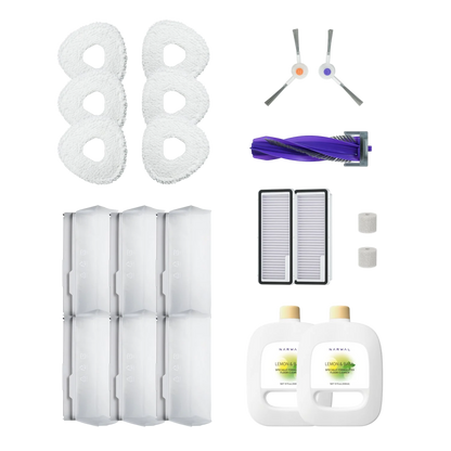 Tillbehörskit till Narwal Freo X Ultra robotdammsugare med moppar, filter, sidoborstar och rengöringsvätska för optimal prestanda och underhåll.