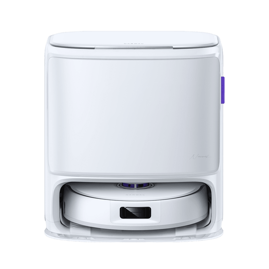 Narwal Freo Z10 robotdammsugare i vit dockningsstation, perfekt för trasselfri hemstädning med hög sugkraft.