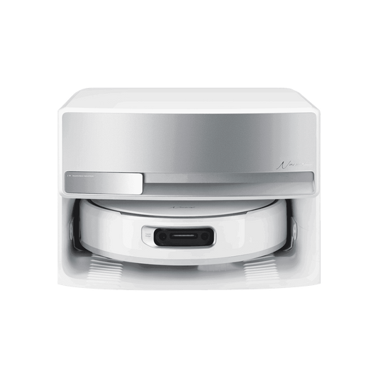 Narwal Flow charging station with elegant silver-white design, efficient robot vacuum cleaner, and mop for pet owners.