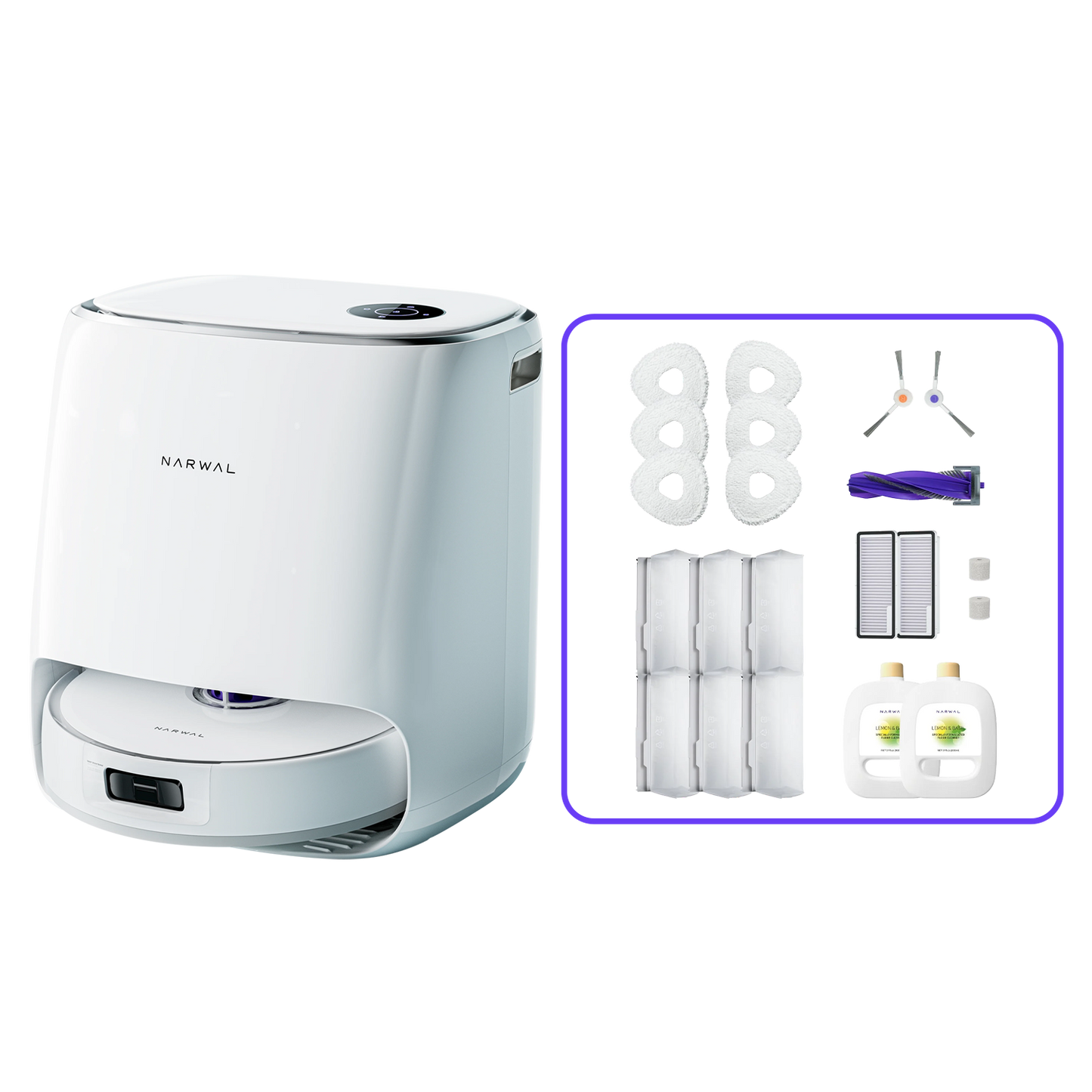 Narwal Freo X Ultra robotdammsugare med tillbehörskit combo för kraftfull rengöring i hemmet, inklusive moppar, filter och rengöringsmedel.