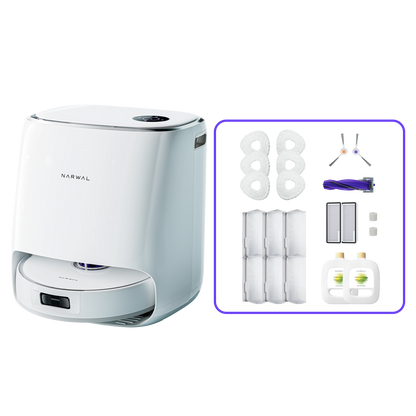 Narwal Freo X Ultra robotdammsugare med tillbehörskit combo för kraftfull rengöring i hemmet, inklusive moppar, filter och rengöringsmedel.