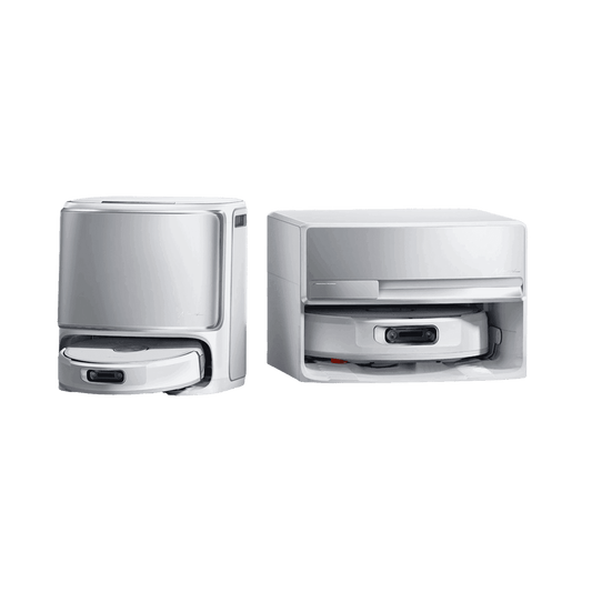 Narwal Flow - Smart floor cleaner in silver white with docking station, perfect for vacuuming and mopping in the home.