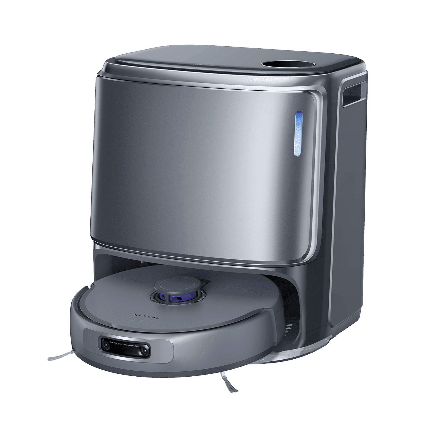 Narwal Freo Z 10 Ultra (grey) robotdammsugare delvis utdragen från station, visar avancerad design och moppfunktion.