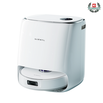 Narwal Freo X Ultra robotdammsugare med 8200 Pa sugkraft och självrengörande station, rekommenderad av M3 för effektiv golvrengöring.